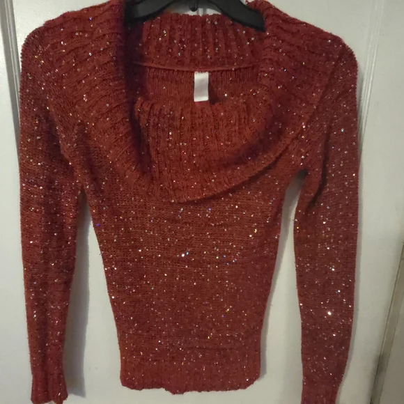 No Boundaries Red Glitter Cowl Neck Sweater - Picture 1 of 3